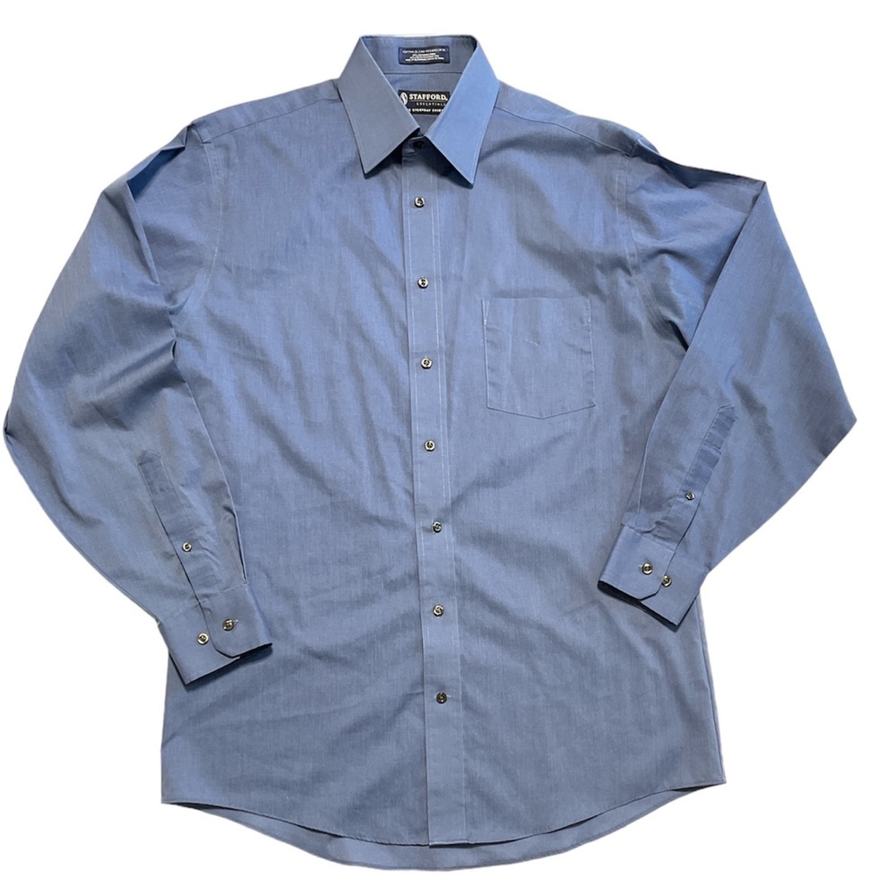 Stafford Button Down Long Sleeve Solid Blue Fitted Dress Shirt Size 16 (34-35)